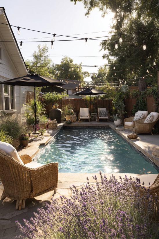 A handmade stock tank pool in a cozy backyard, styled with rustic rattan seating, potted plants, ambient string lighting, and farmhouse-inspired details. The scene is bright, comfortable, and laid-back.
