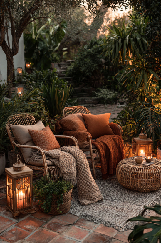 A serene garden seating area featuring rattan lounge chairs, soft neutral cushions, greenery, and warm lantern lighting at dusk. The atmosphere is inviting and tranquil.