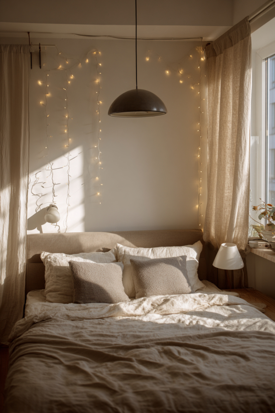 A modern bedroom showcasing layered lighting with pendant and bedside lamps.
