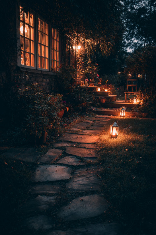A beautiful garden pathway illuminated with Dollar Tree solar lights.