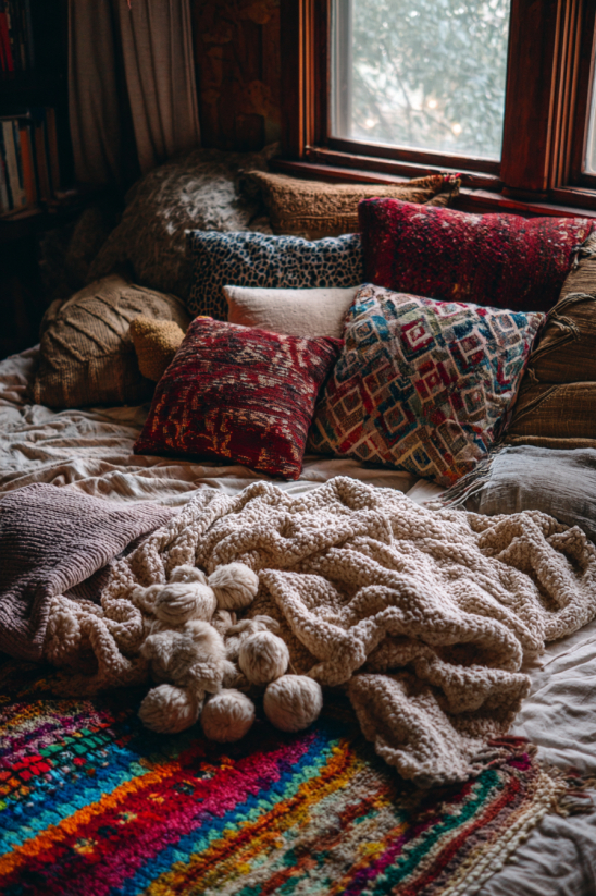 A vibrant living room with an array of mixed textiles.