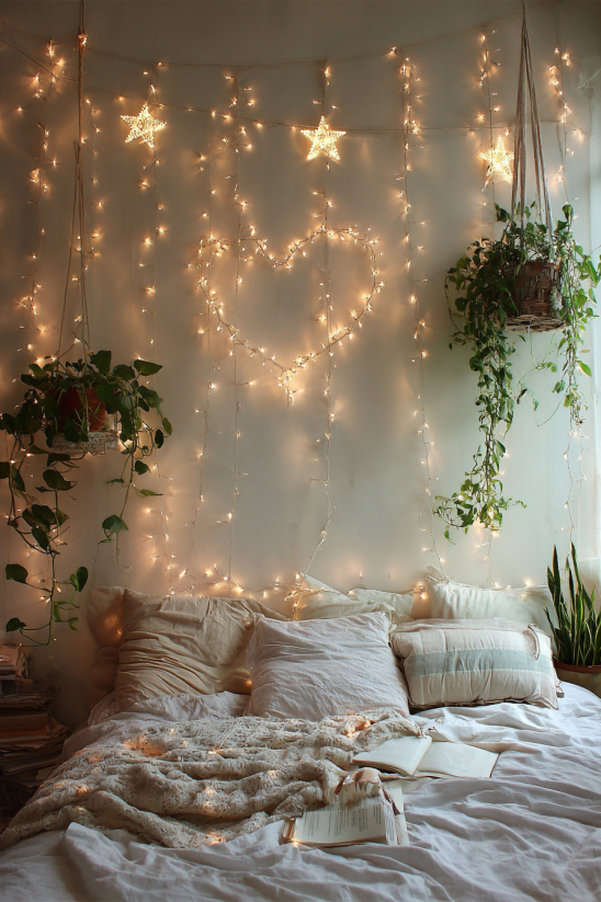 Unique arrangements of string lights create a dreamy atmosphere above the bed.