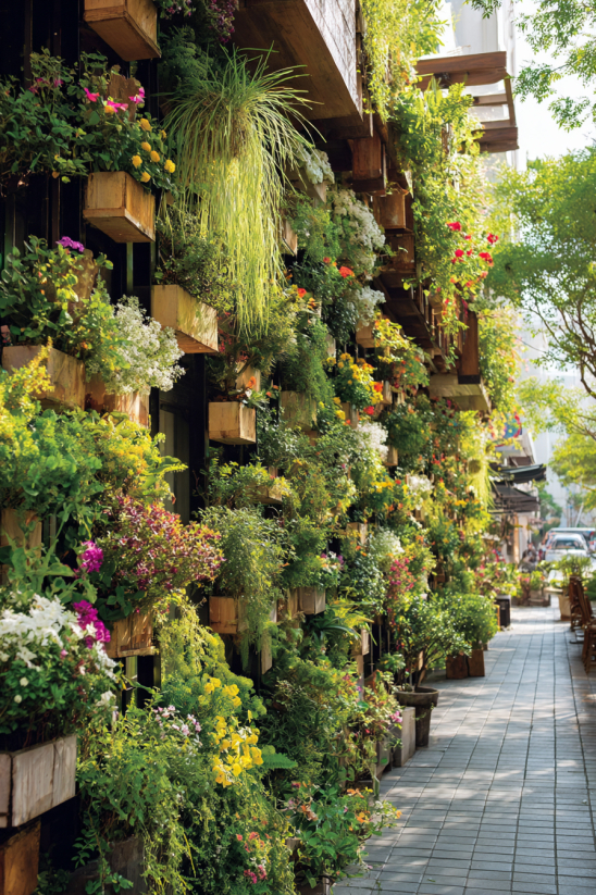 A modern backyard space featuring a striking vertical garden wall, with thriving green plants and colorful flowers cascading from stylish planters. Soft natural daylight highlights the texture and depth of the living wall, creating a vibrant, welcoming ambiance.